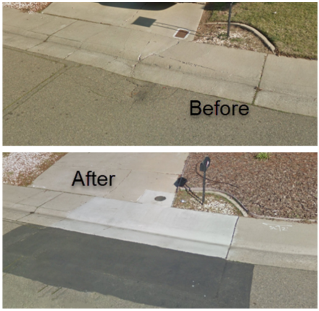 Photo of curb and gutters before and after improvements. 